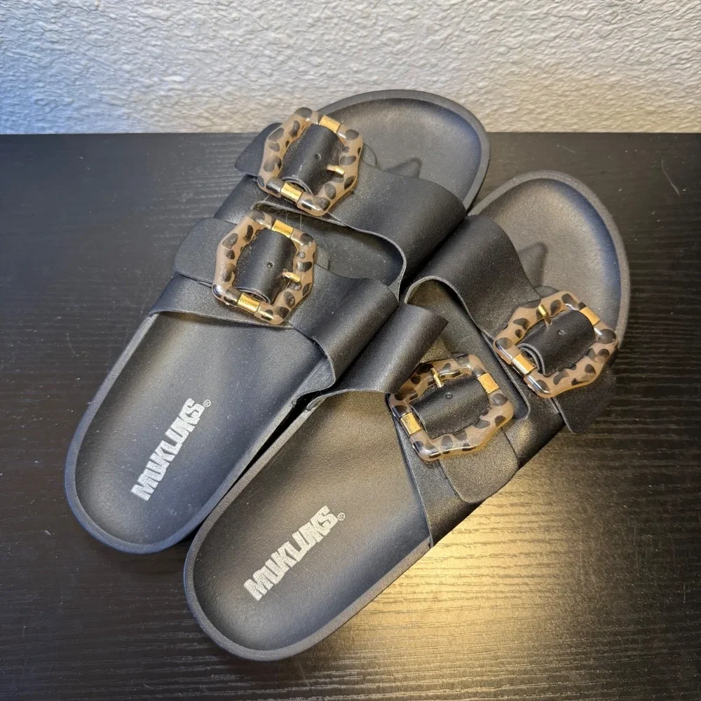 Muk Luks Grand Cayman Slide Women US 9 Black Leather Casual SlipOn Sandal EUR 39